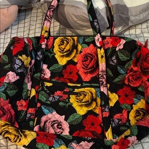 Vera Bradley Black Quilted Tote with Multicolor Rose Print